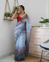 Super Grey Printed And Cut Work Pure Soft Organza Saree